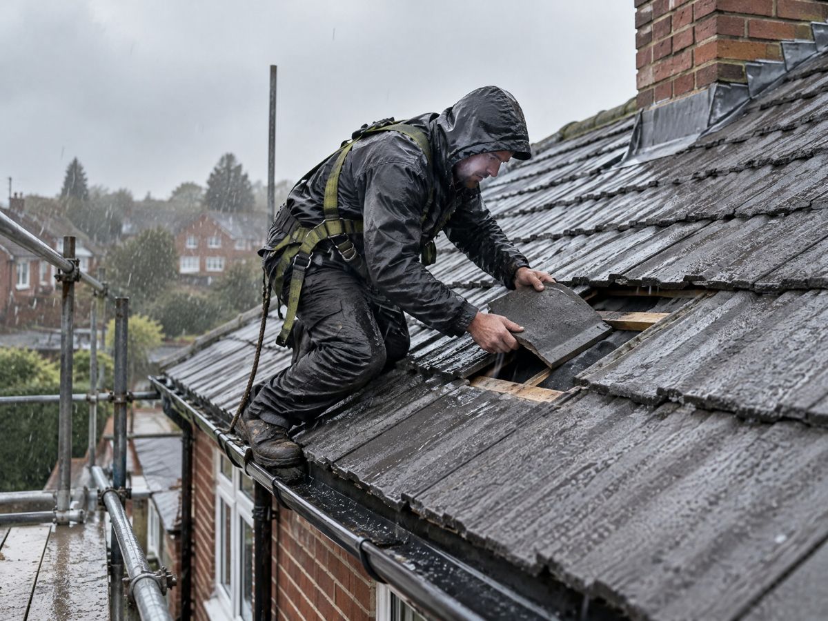 Roofer making an urgent repair in the rain
