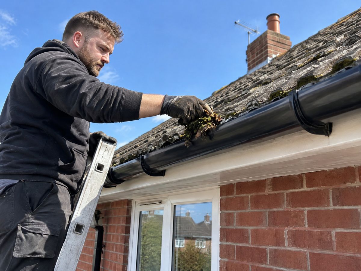 Roofer cleaning guttering on a UK house