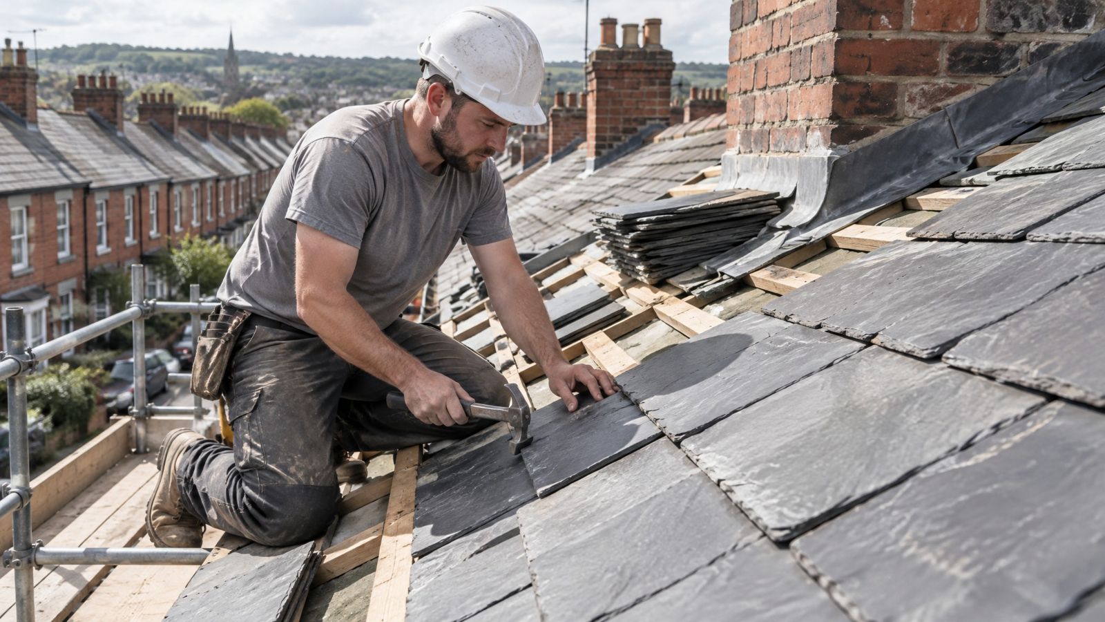 Roofer replacing slate tiles on a Yorkshire terraced house