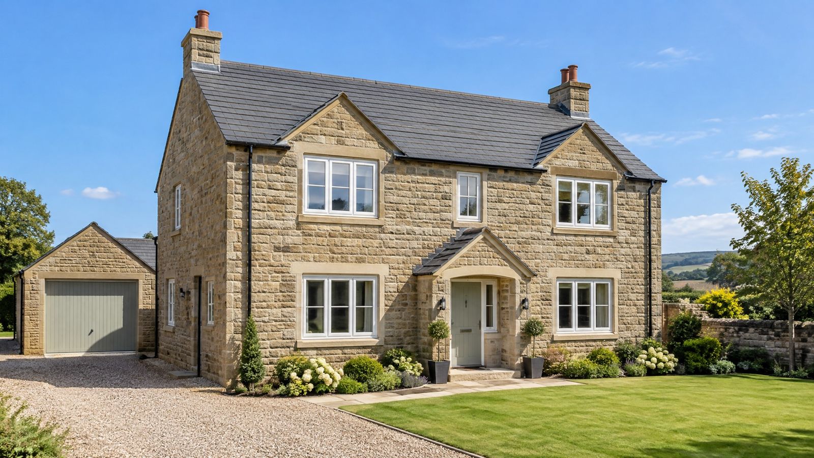 Detached Yorkshire stone house with a new grey tile roof