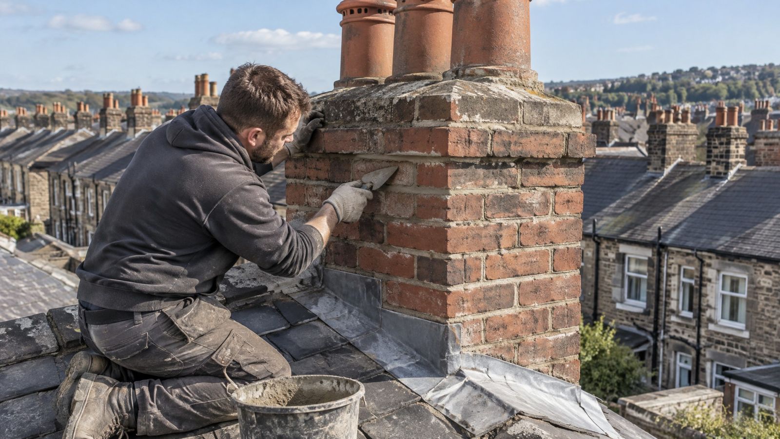 Roofer repointing a brick chimney on a terraced roof